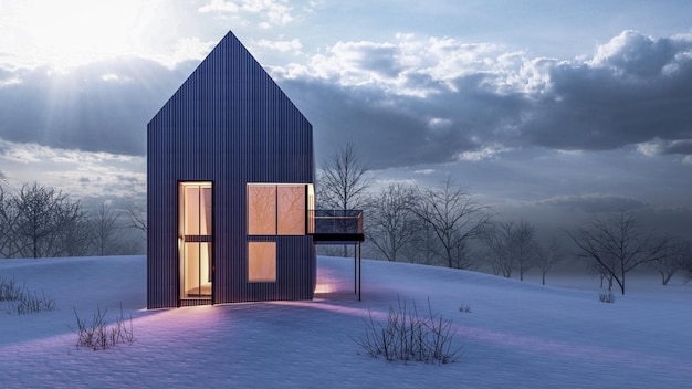 Illustration de rendu 3D d'une maison minimale moderne avec un terrain en pente et un paysage de neige