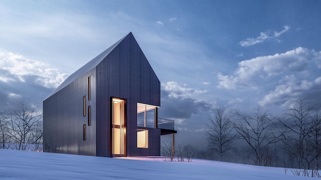 Illustration de rendu 3D d'une maison moderne avec paysage de neige