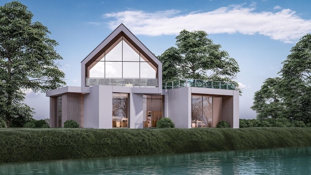 Illustration de rendu 3D d'une maison moderne avec vue sur le front de mer