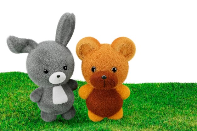 Illustration de rendu 3d de modèles de lapin et d'ours jouet debout sur un terrain en herbe