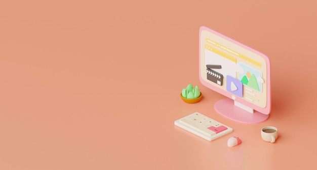 Illustration de rendu 3d Un ordinateur de bureau avec une icône de notification emoji clavier chat sur fond rose