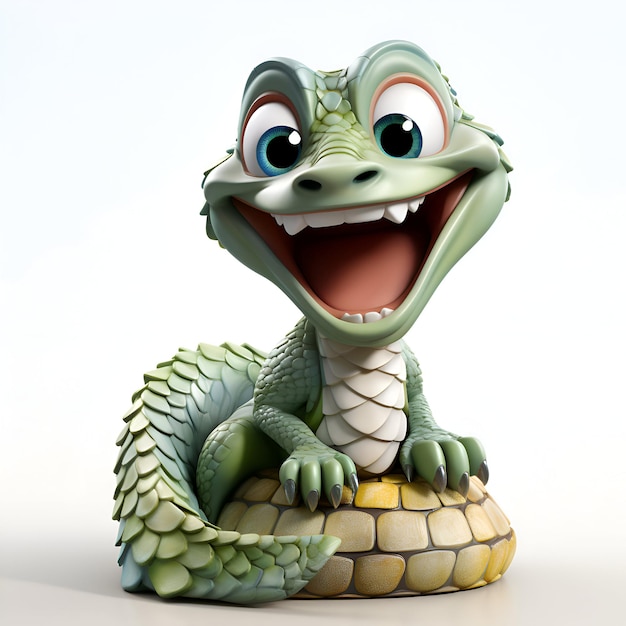 Illustration de rendu 3D d'un personnage de dessin animé de crocodile avec fond blanc