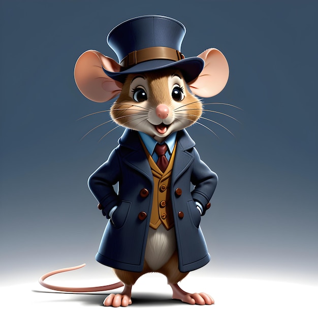 Photo illustration de rendu 3d d'un personnage de souris détective avec chapeau haut de forme et costume