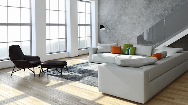 Illustration de rendu 3D d'une pièce d'intérieur lumineuse moderne