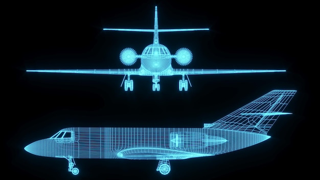 Illustration de rendu 3D plan d'avion brillant technologie de spectacle futuriste hologramme néon