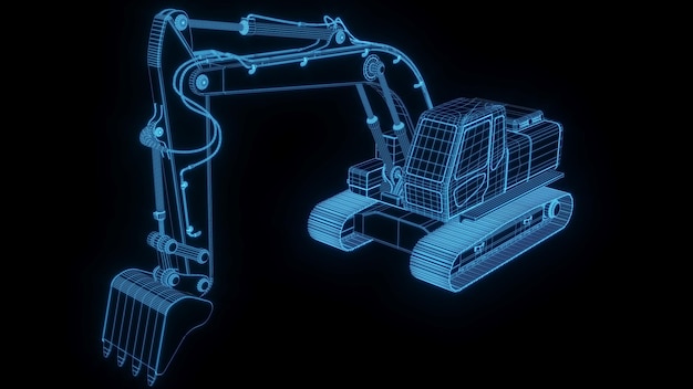 Illustration de rendu 3D plan d'excavatrice technologie de spectacle futuriste hologramme néon brillant