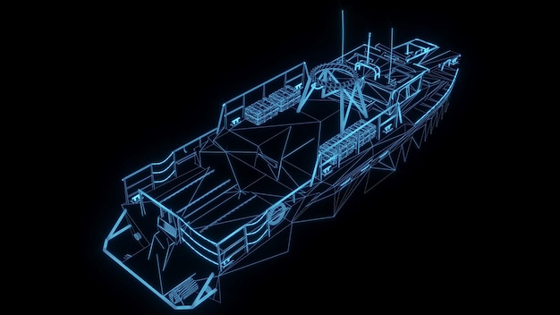 Illustration de rendu 3D plan de navire brillant hologramme néon futuriste