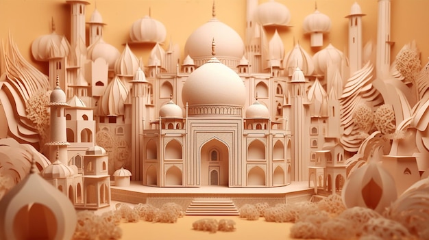 Illustration de rendu 3D pour la mosquée islamique en effet de découpe de papier