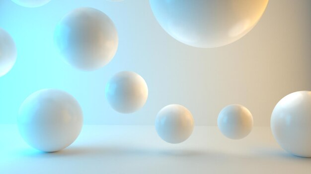 Illustration de rendu 3D pour la publicité. Boules blanches colorées flottantes sur fond blanc. conception de rendu 3D. Prêt à être utilisé comme arrière-plan pour les couvertures, les sites Web, la publicité