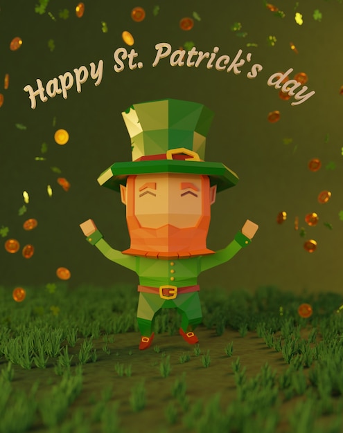 Illustration de rendu 3D de la Saint-Patrick, personnage de dessin animé low poly s'amusant à danser, pièces tombant avec signe de trèfle