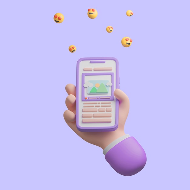 Illustration de rendu 3d Un smartphone avec une zone de texte de chat et une icône de notification emoji concept de médias sociaux