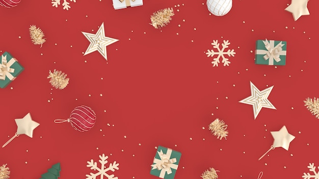 Illustration de rendu 3D Stars snowflakes cône cadeau et jouet de Noël sur fond rouge