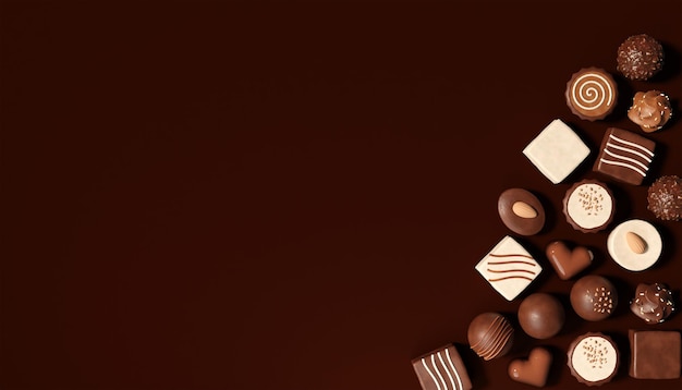Photo illustration de rendu 3d vue supérieure de nombreux chocolats étalés sur un fond brun