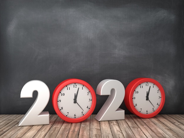 Illustration de rendu de l'année 2020 avec horloge sur tableau noir