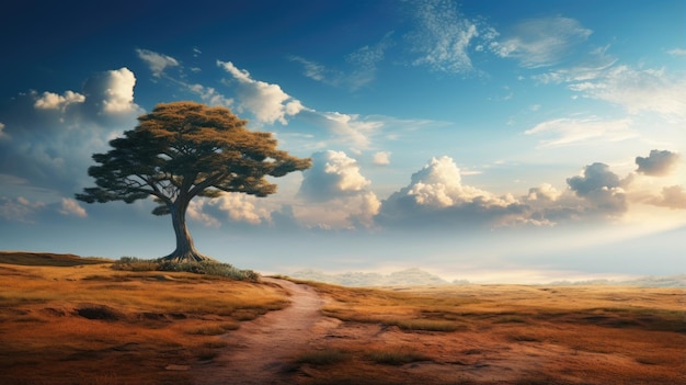 Une illustration représentant un arbre vert solitaire dans un paysage désertique sur fond de ciel bleu serein avec des nuages blancs