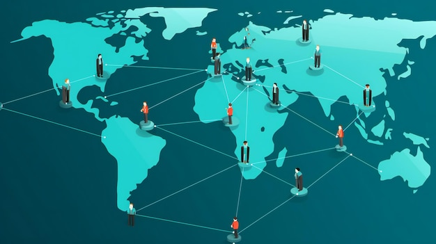 Une illustration représentant la connectivité mondiale et le travail d'équipe avec une carte du monde et des icônes humaines Le concept d'un monde connecté