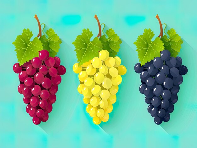 Photo illustration représentant trois grappes de raisins de teintes rouge, violette et bleue avec des feuilles vertes