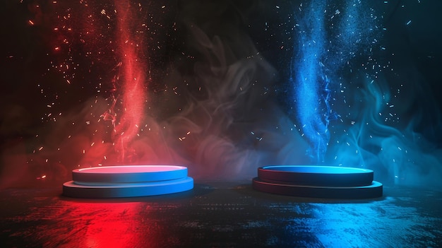 Cette illustration représente une lutte entre des podiums bleus et rouges ou des piédestaux avec des étincelles lumineuses et de la fumée sur un fond noir.