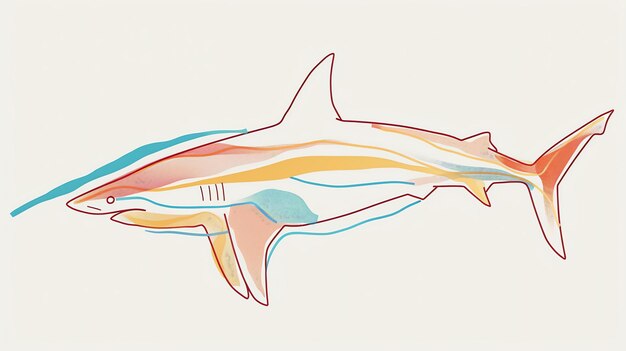 Illustration de requin sur fond bleu Le requin est composé de lignes et de formes colorées et a un design moderne simple