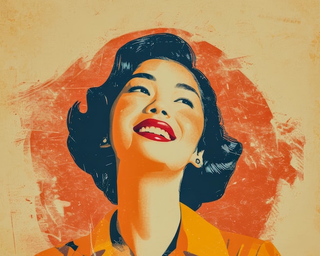 Illustration rétro des années 60 d'une femme asiatique aux couleurs vives