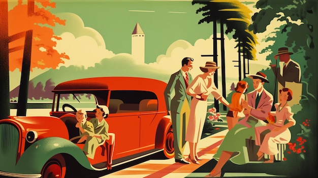 Illustration rétro de l'arrière-plan avec des gens en voyage routier