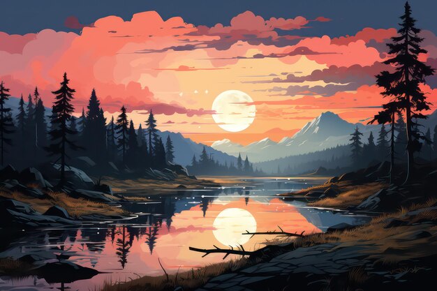 Illustration rétro du coucher de soleil Illustration du coucher du soleil Illustration de paysage