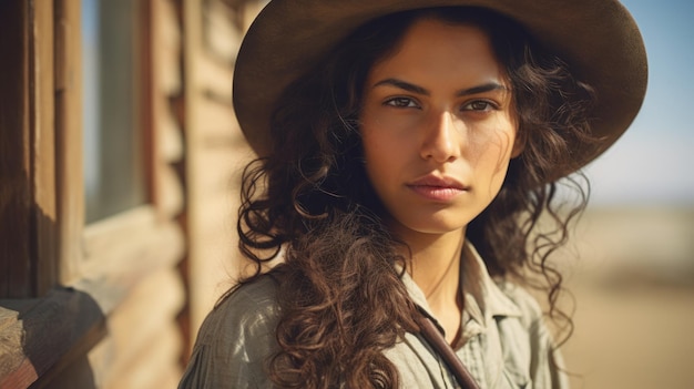 Photo illustration rétro d'une femme latine adulte photoréaliste aux cheveux bouclés bruns