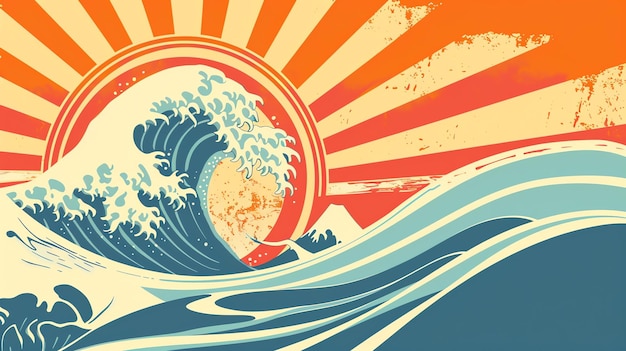 Photo une illustration rétro d'une grande vague avec un soleil rouge en arrière-plan la vague est bleue et blanche et le soleil est orange et jaune