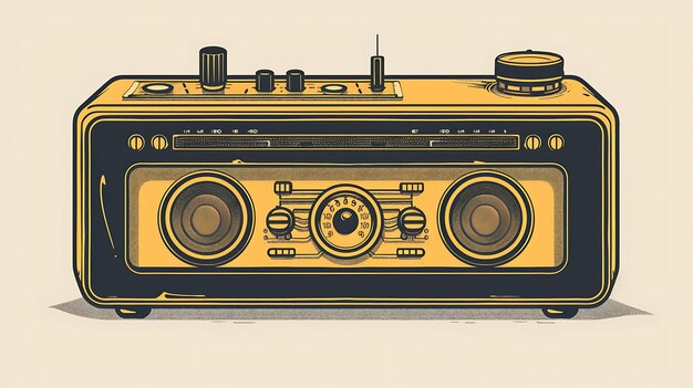 Une illustration rétro d'une radio vintage avec un corps jaune et un haut-parleur noir La radio a un cadran de réglage et un bouton de volume