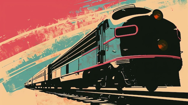 Illustration rétro d'un train de passagers rationalisé en mouvement avec une bande d'accent rouge et un corps bleu