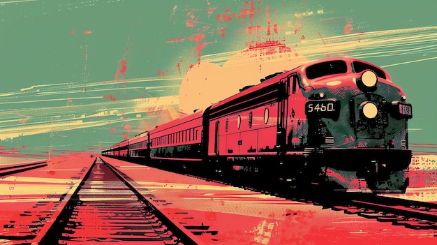 Illustration rétro d'un train vintage voyageant à travers un paysage désertique avec un grand soleil en arrière-plan