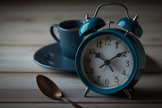 Illustration d'un réveil bleu et d'une tasse de café sur une table créée avec l'IA générative