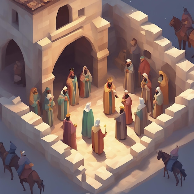 illustration de reyes magos arrivant à la scène de la nativité