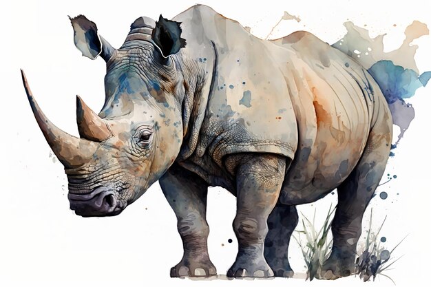 Illustration de rhinocéros aquarelle fond blancIA générative