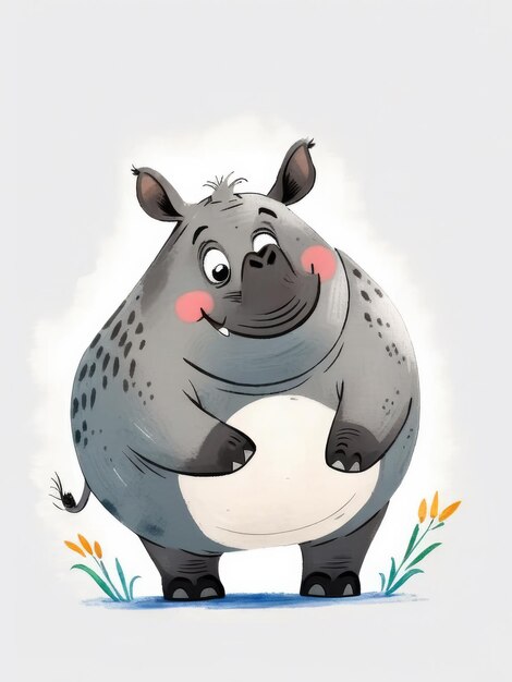 Illustration d'un rhinocéros de dessin animé joyeux debout souriant avec une expression mignonne