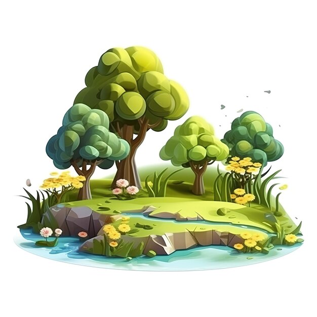 Illustration d'une rivière avec des arbres et des fleurs