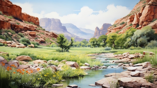 une illustration d'une rivière coulant à travers un canyon orné de fleurs vibrantes. cette œuvre d'art, inspirée du style de Jeff Danziger et Robert Irwin, met en valeur des paysages traditionnels avec des éléments