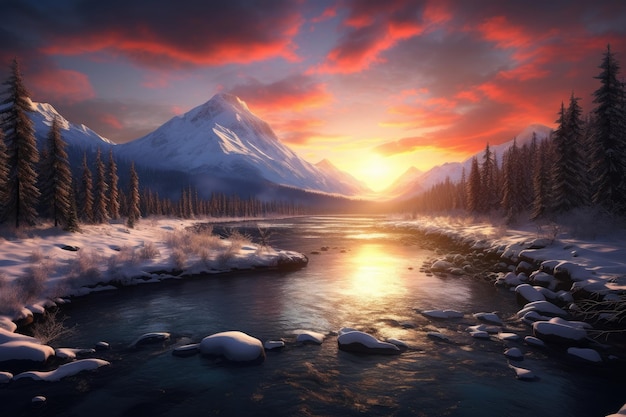 Photo une illustration d'une rivière de montagne au coucher du soleil