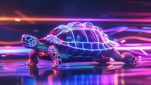 Illustration de robot tortue sur fond néon Tortue cyborg Nouveau concept de monde généré par Ai