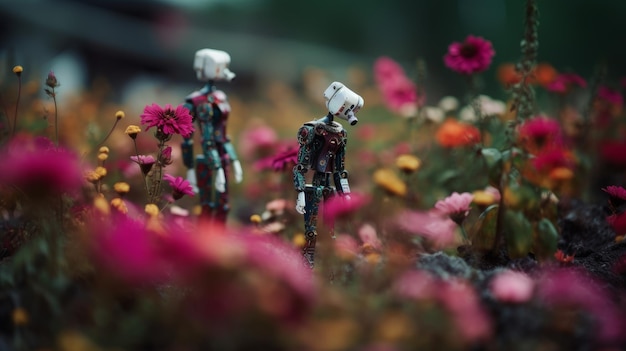 Photo illustration de robots dans un jardin de fleurs ia générative