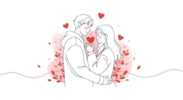 Illustration romantique d'un couple tenant un cœur sur un fond floral