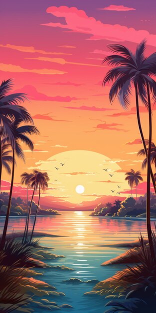 Photo illustration romantique du coucher de soleil des palmiers tropicaux dans l'océan