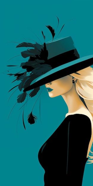 Illustration romantique d'une femme dans un chapeau noir avec des plumes