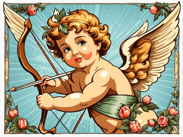 illustration romantique vintage d'un chérubin ou d'un cupid avec un arc et une flèche isolés sur un dos transparent