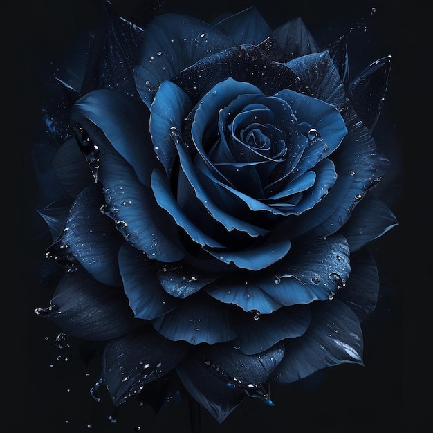 illustration d'une rose en bleu foncé sur un fond noir et des éclaboussures d'eau