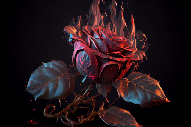 Illustration de rose dramatique rouge sur le concept de passion de feu AI