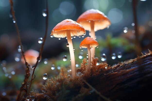 illustration de la rosée du matin sur les champignons rougeoyants