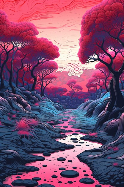 Photo illustration d'un ruisseau traversant un paysage rose avec des arbres génératifs ai