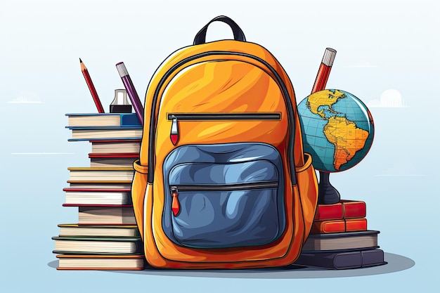 Illustration des sacs à dos, des livres et des fournitures scolaires