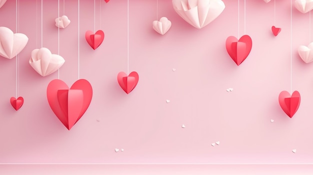 Illustration de la Saint-Valentin avec des cœurs rouges et des nuages de papier sur fond rose